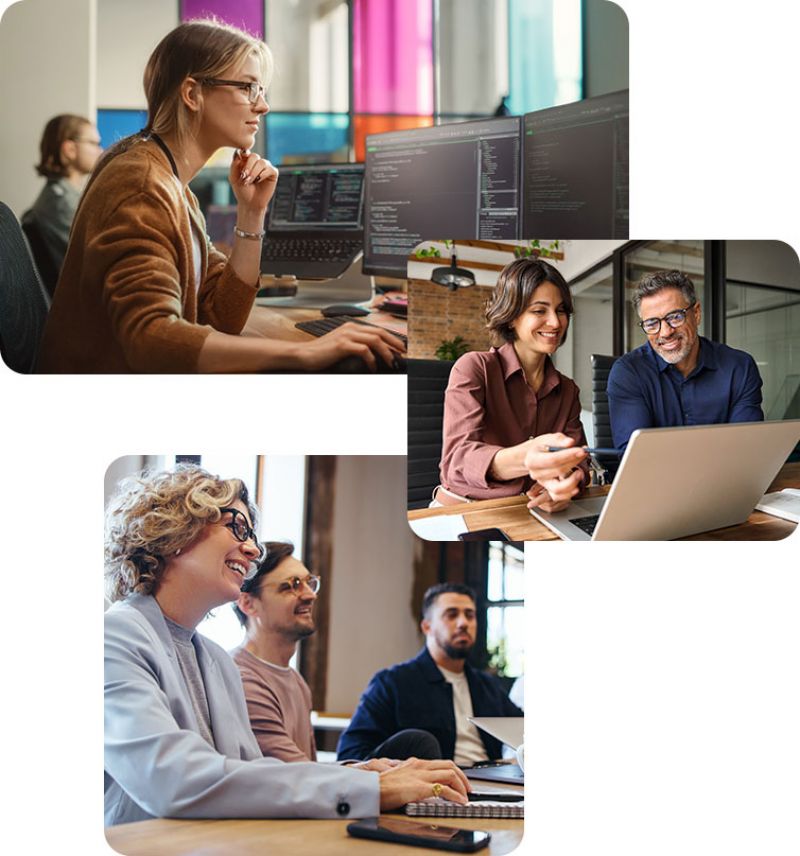 Collage of three images showing professionals collaborating in a modern office setting. The first image features a woman focused on coding at a computer with multiple monitors. The second image shows a woman and a man discussing work over a laptop. The third image captures a group of four people engaged in a meeting, smiling and interacting.