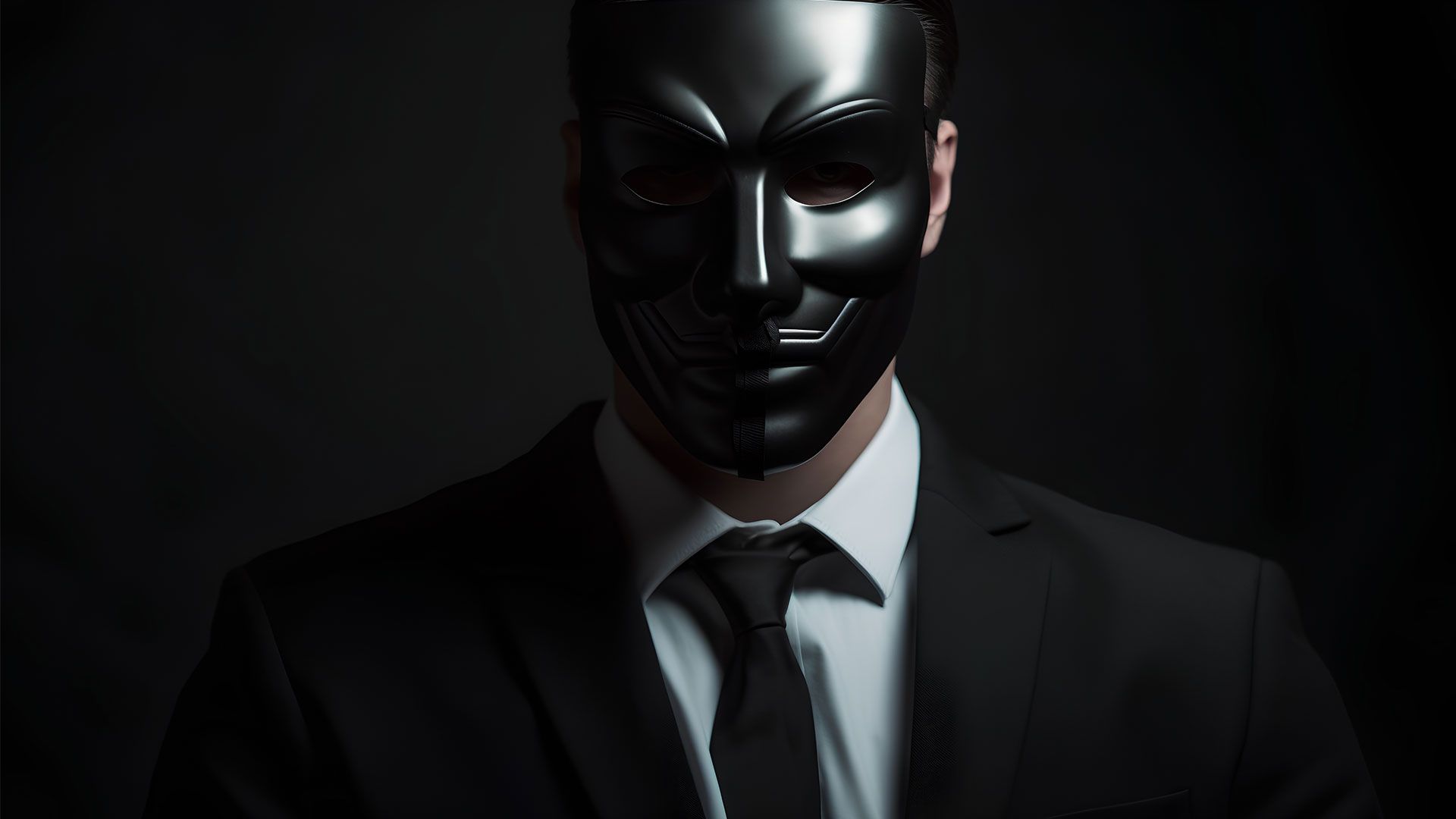 Person in a dark suit and tie wearing a glossy black mask, representing the deception of accessibility overlays.