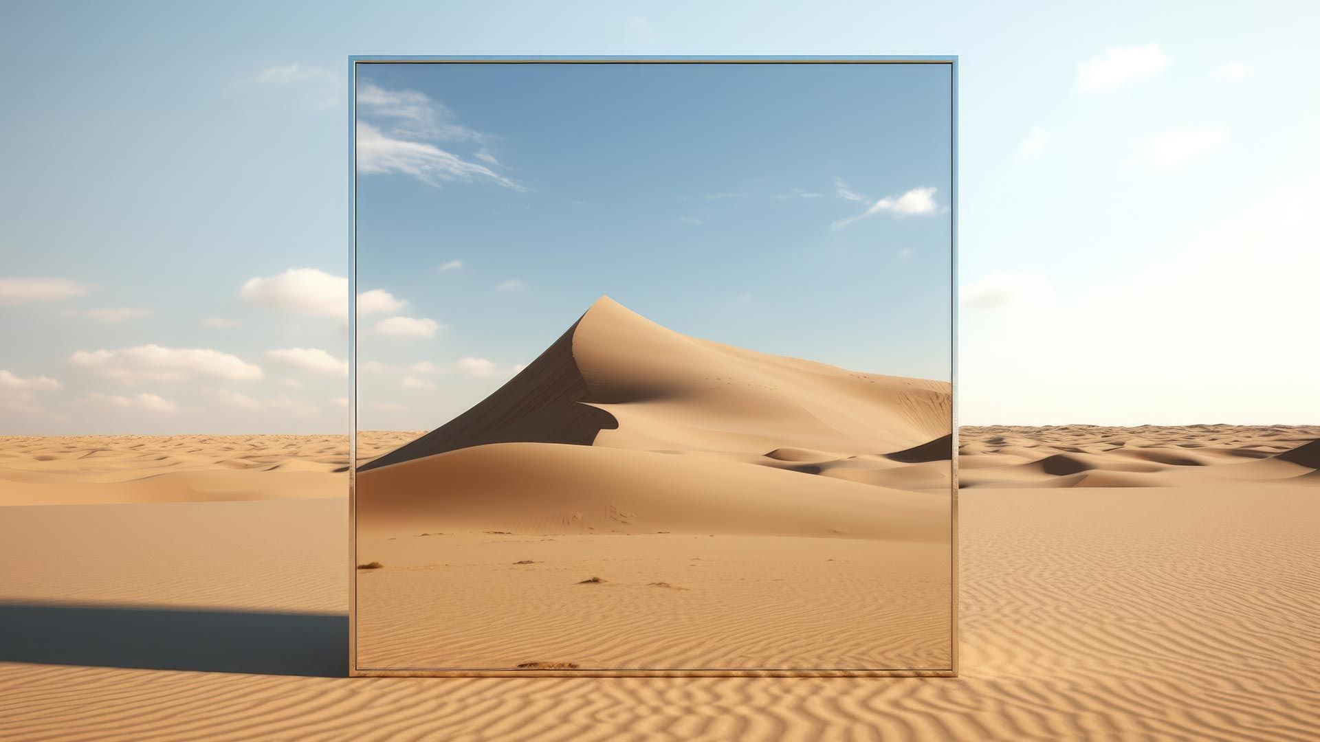 A mirror in a desert reflecting a sand dune.