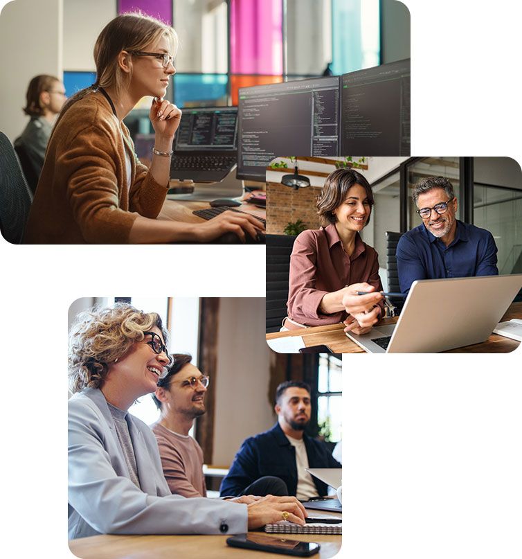 Collage of three images showing professionals collaborating in a modern office setting. The first image features a woman focused on coding at a computer with multiple monitors. The second image shows a woman and a man discussing work over a laptop. The third image captures a group of four people engaged in a meeting, smiling and interacting.